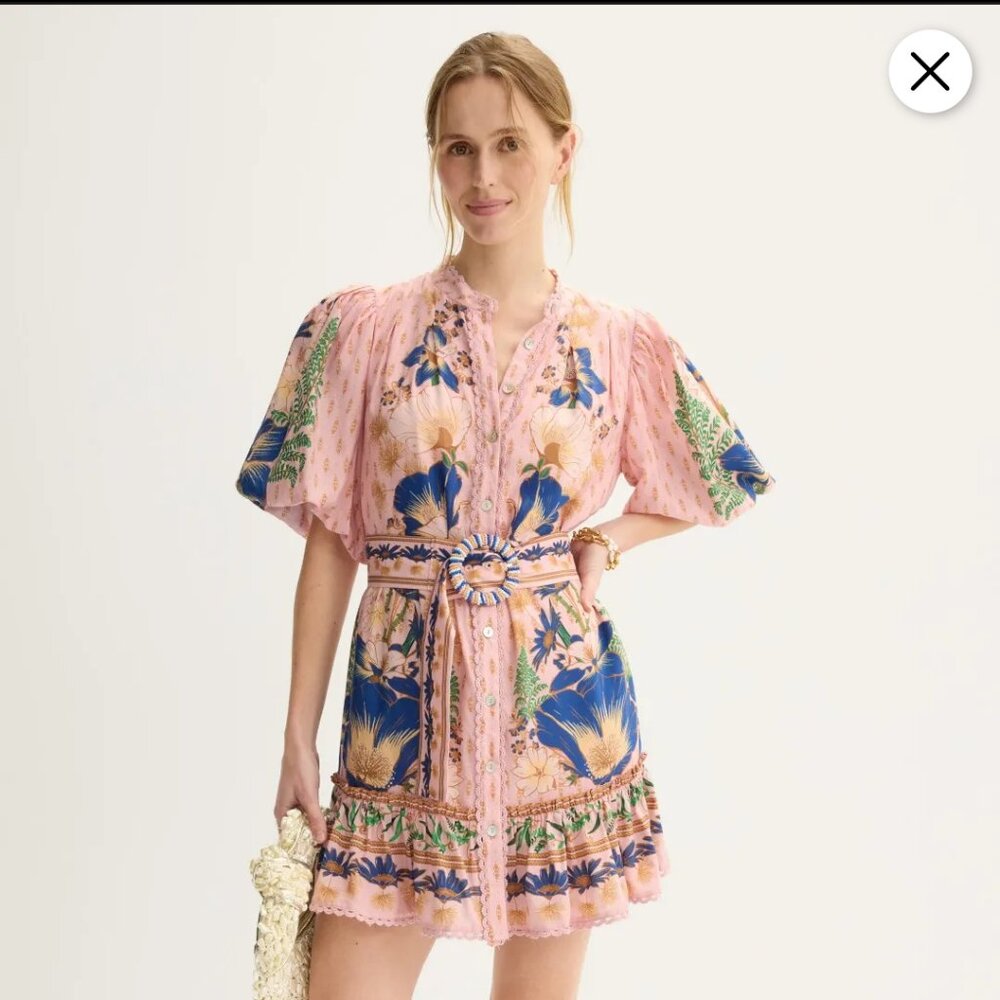 NWOT FARM Rio Dream Garden Pink Mini Dress with Blue and Green Floral Pattern